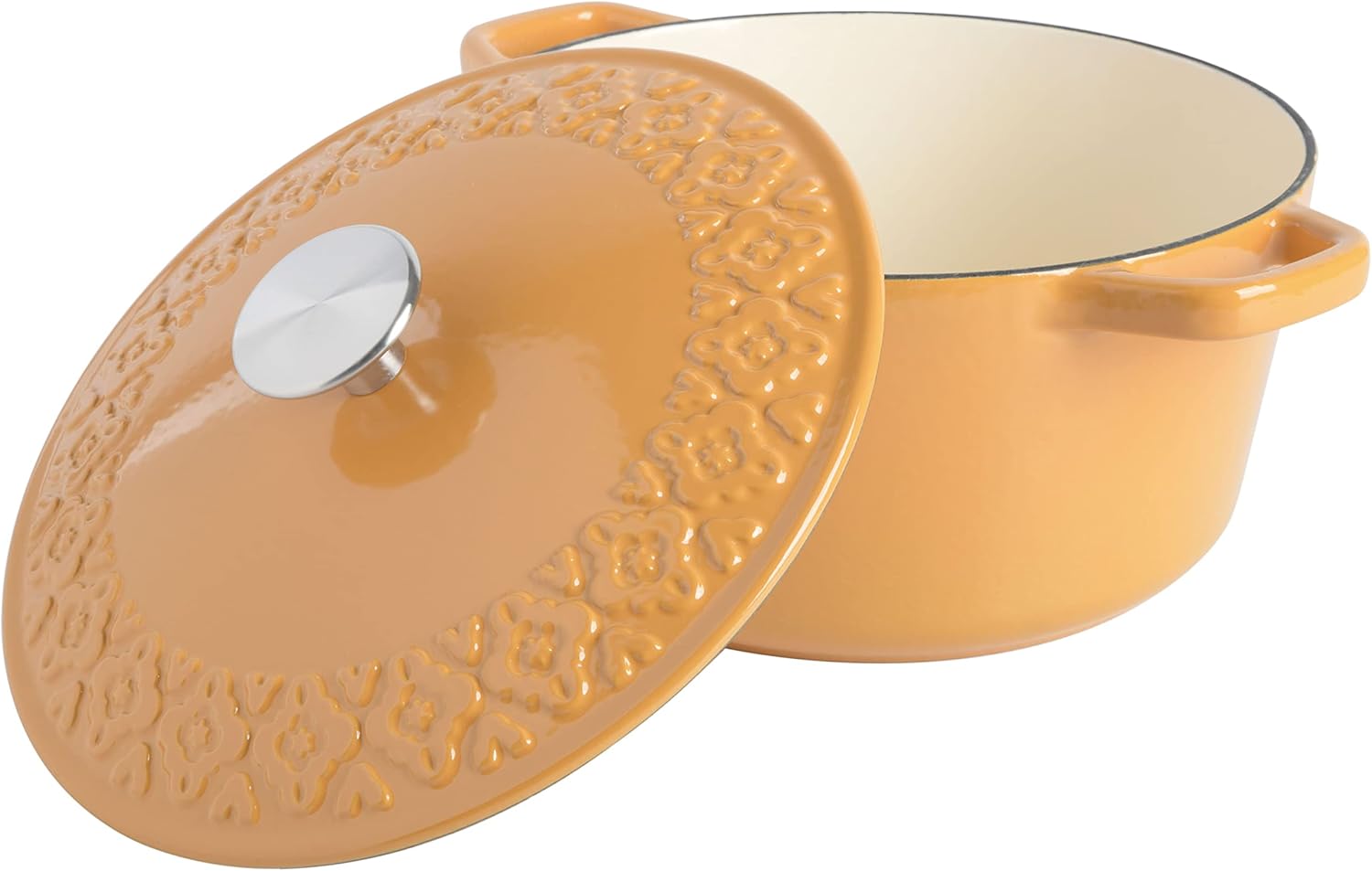 SPICE BY TIA MOWRY 3.5 QT 87075.02R Enamelled Cast Iron Dutch Oven with Embossed Lid, Honey Gold SPICE BY TIA MOWRY 3.5 QT 87075.02R Enamelled Cast Iron Dutch Oven with Embossed Lid, Honey Gold